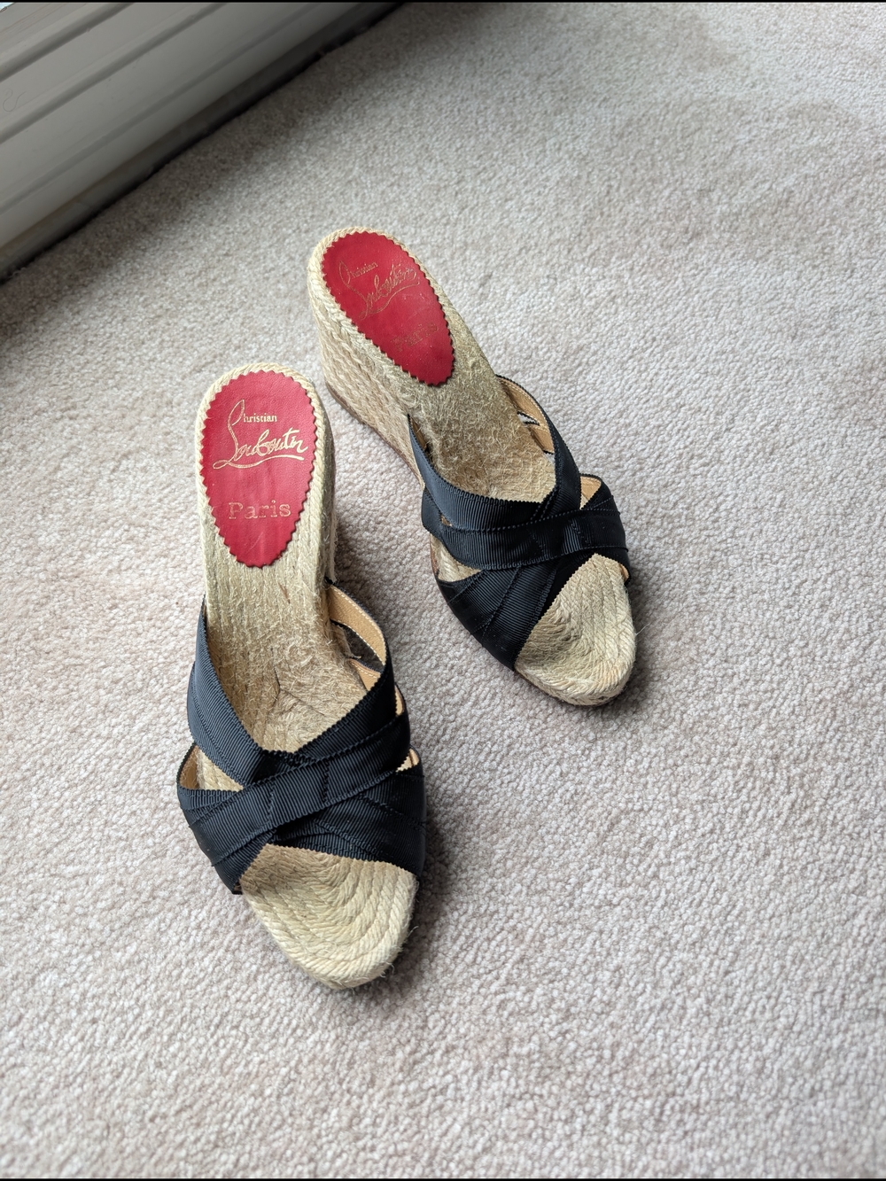Christian Louboutin Black Wedge Espadrille Slides, Size 36